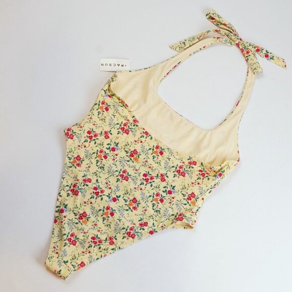 Amor y Besos Penelope Yellow Floral Halter One Piece Cheeky Swimsuit Pacsun - M - Picture 2 of 5